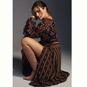 Farm Rio x Anthropologie Side Slit Maxi Dress Long Sleeves Floral Striped Xsmall